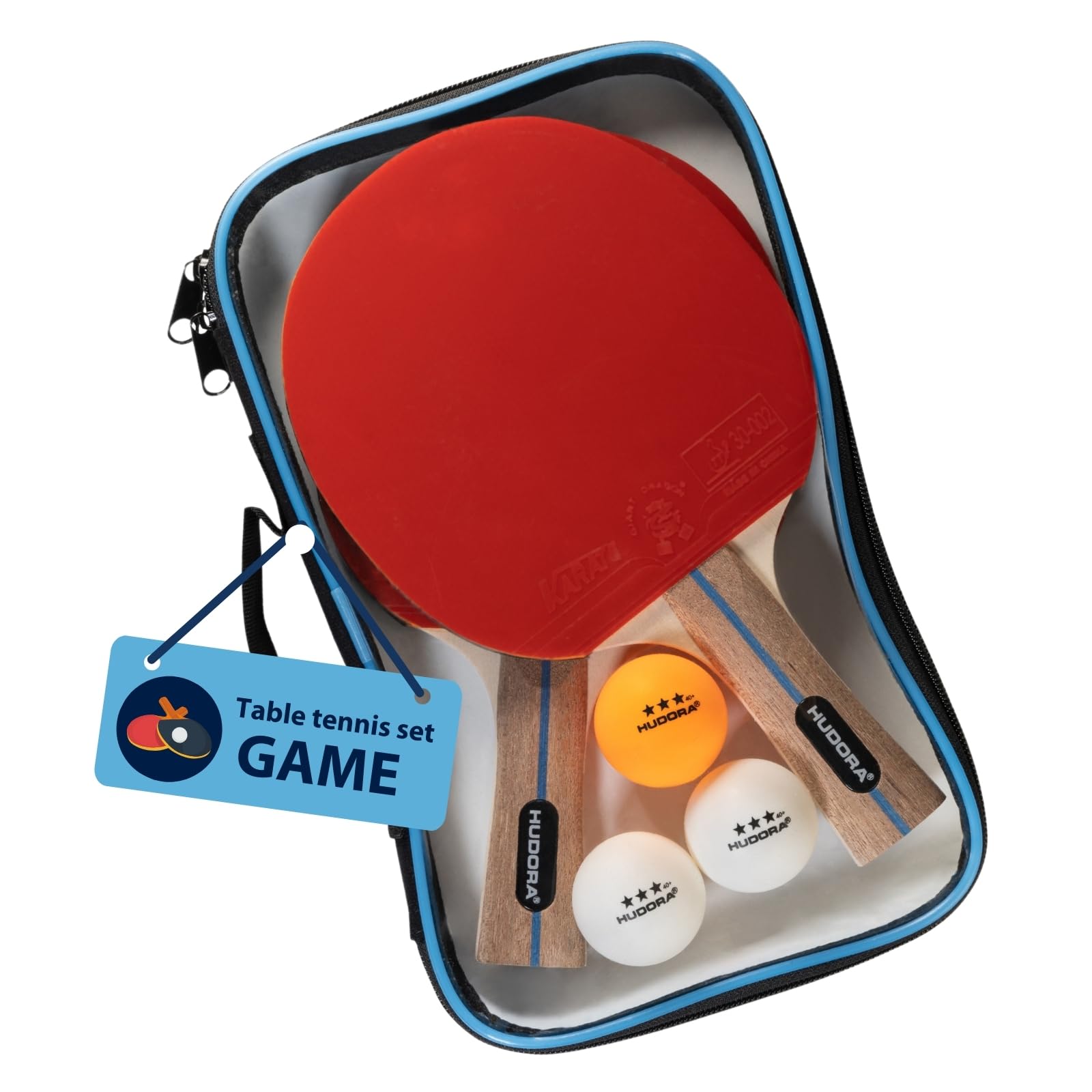 HUDORA Table Tennis Set Game - table tennis racket set with 2 rackets & 3 balls - Ping Pong racket set including storage bag - table tennis set ideal for beginners