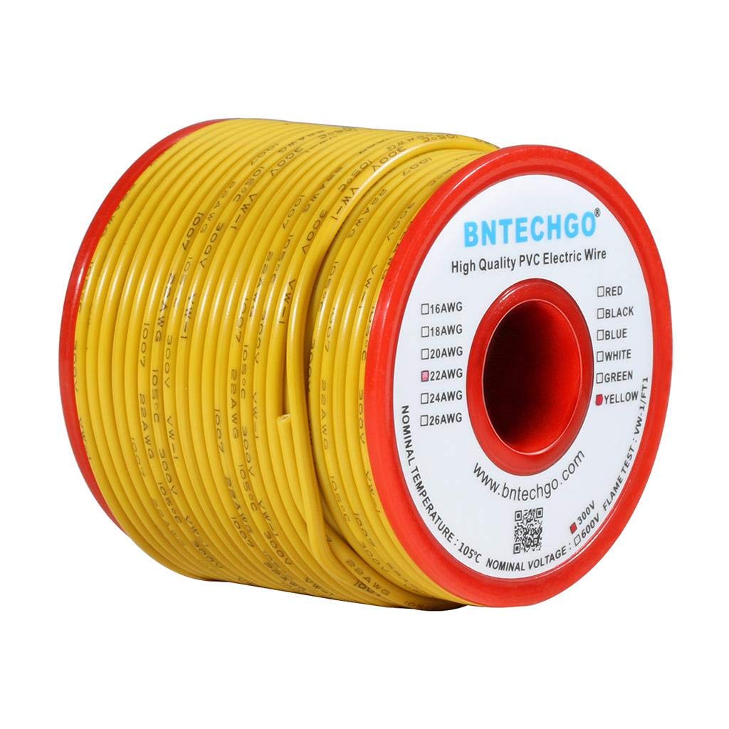 BNTECHGO 22 AWG 1007 Electric wire 22 Gauge PVC 1007 Wire Solid Wire Hook Up Wire 300V Solid Tinned Copper Wire Yellow 100 ft Per Reel For DIY