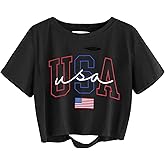 American Flag Crop Tops Women USA Crop Shirt Patriotic 4th of July Tee USA Shirts for Women