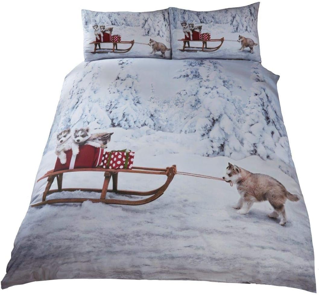 Amazon Com Christmas Husky Dog Puppies Sleigh Snow Trees White
