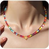 SKYFUN Colorful Beaded Initial Necklaces for Women Cute Gold Heart Necklace with Letter Bohemian Summer Jewelry Alphabet A-Z Choker Graduation Birthday Christmas Gift
