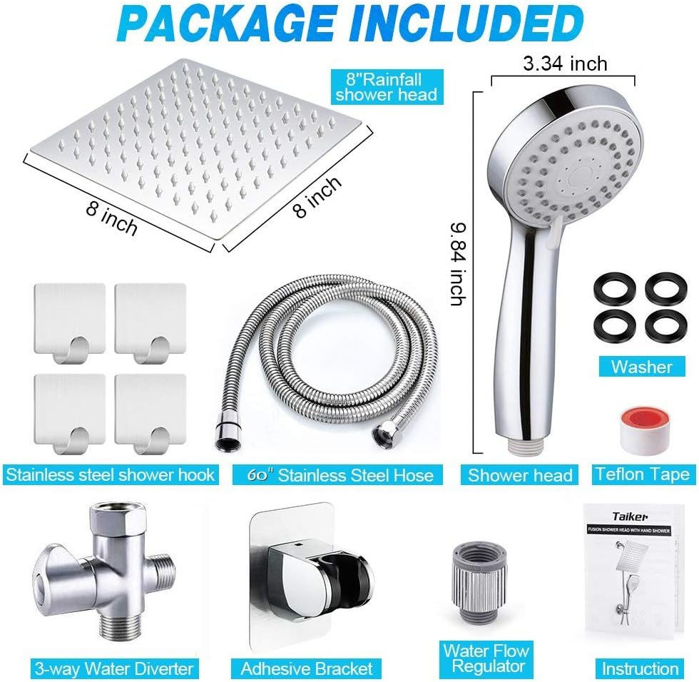 Taiker Shower Head, High Pressure 8'' Rainfall Stainless Steel Shower Head/Handheld Combo with 60'' Hose Anti-leak Shower Head with Holder, Flow Regulator, Chrome, 4 Shower Hooks - - 