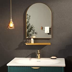 Espejo espejo de baño, espejo de baño de latón con arco dorado montado