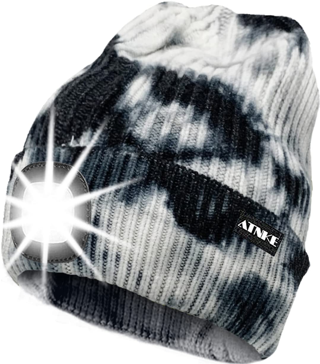 ATNKE LED Lighted Beanie Cap,USB Rechargeable Running Hat Ultra Bright 4 LED Waterproof Light Winter Warm Gifts for Men and Women/Tie Dye Black