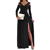 Topjini Women Long Sleeve Slit Maxi Long Dresses Deep V Neck Cold Shoulder Dress for Women Casual Fall Winter Evening Date