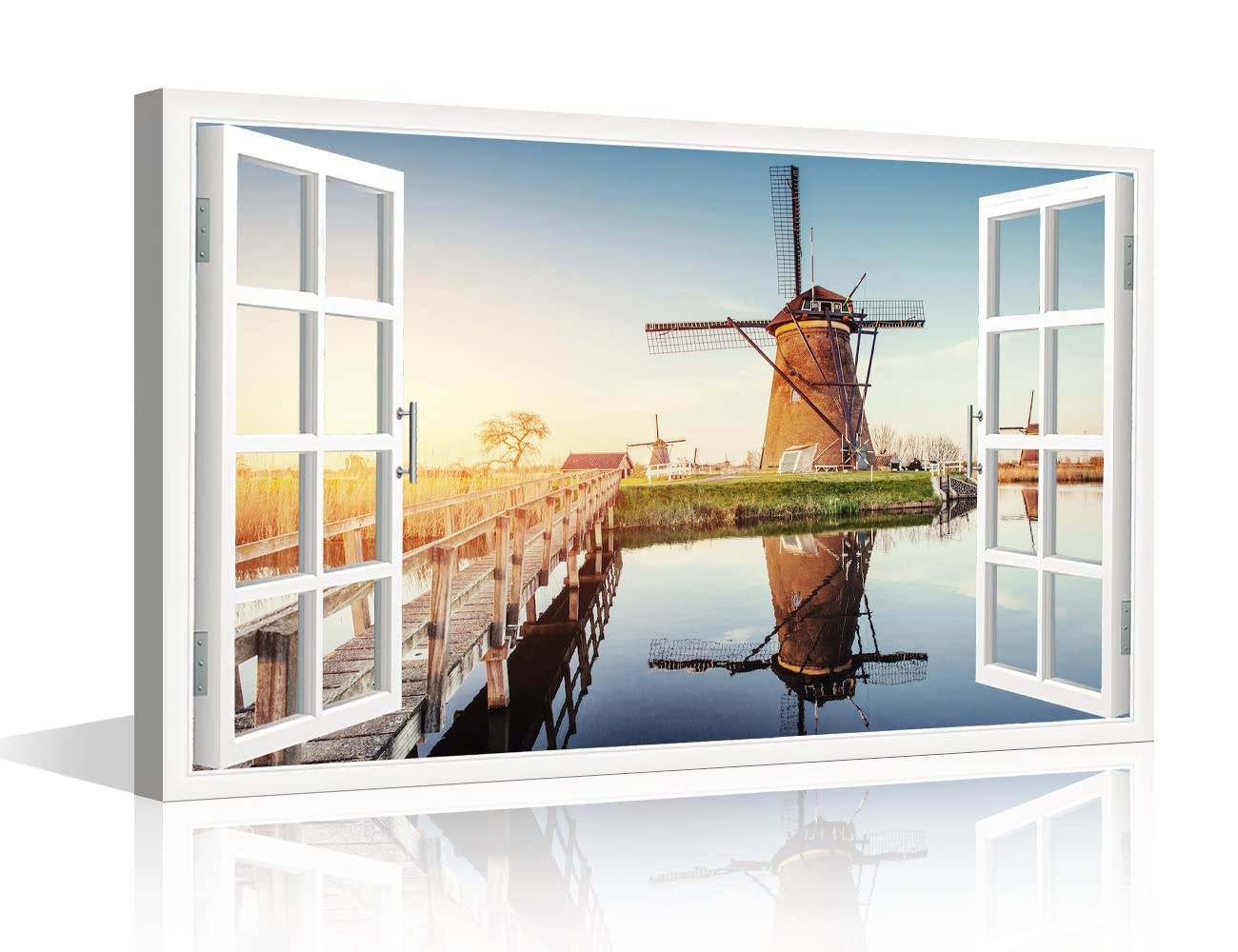 TISHIRON Dutch Windmills View 3D Window Effect Canvas Art Seaside Landscape Wall Art Canvas Prints Decor Posters for Living Room Bedroom Posters Prints Framed Ready to Hang - 12" W x 18" H