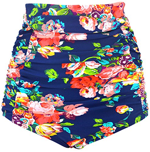 Ebuddy Women Retro High Waisted Bikini Bottom Ruched Swim Short Tankinis,Blue Flower-S