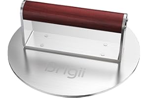 Brigii 8.5" Stainless Steel Smashed Burger Press, Round Flat Edge Grill Press for Crispy Smash Burgers, Hamburger Tool for Grill and Griddle Accessories, for BBQs and Tailgates, Dishwasher Safe