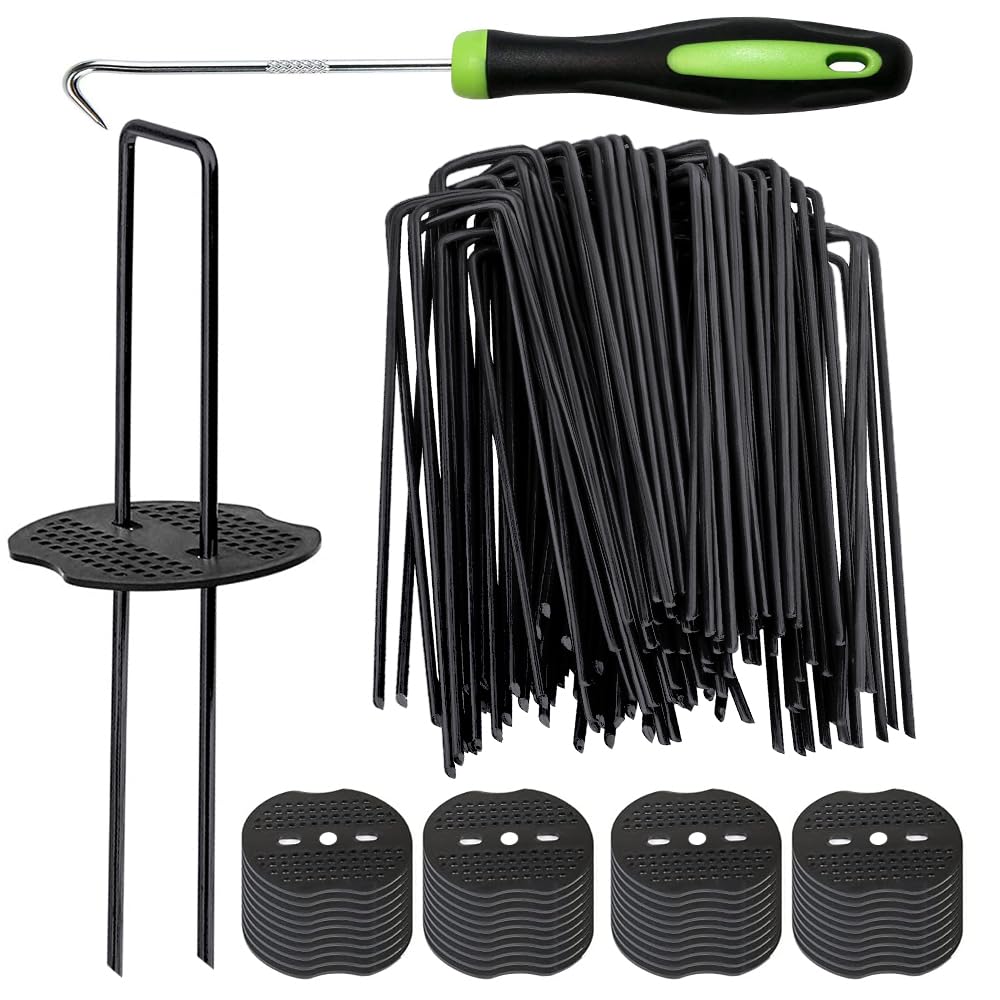 Photo 1 of Bakulyor 200pcs Black Landscape Staples + 200pcs Buffer Washer, 6 Inch 11 Gauge Garden Stakes Staples, U Shaped Galvanized Lawn Pins Heavy Duty Yard Ground Pin for Weed Barrier Sod Fabric Decorations