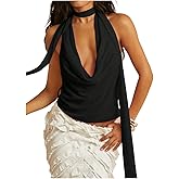 SOLY HUX Women's Sexy Deep V Neck Halter Tops Y2K Cowl Neck Backless Chiffon Summer Crop Top for Going Out Clubwear
