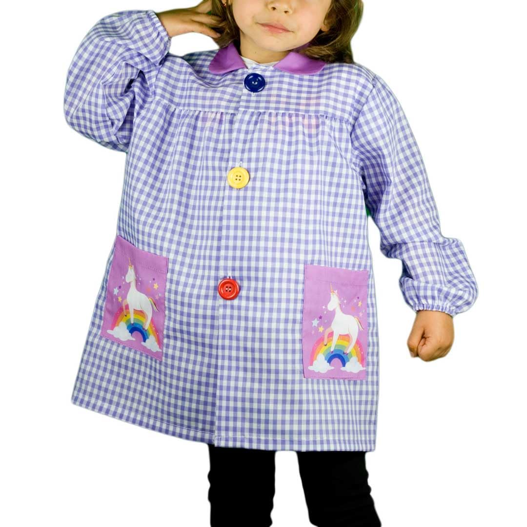 KLOTTZ Unicorn Rainbow Check Apron for Children Puor School and Crafts. Purple. 2/3 Years (92-97cm)
