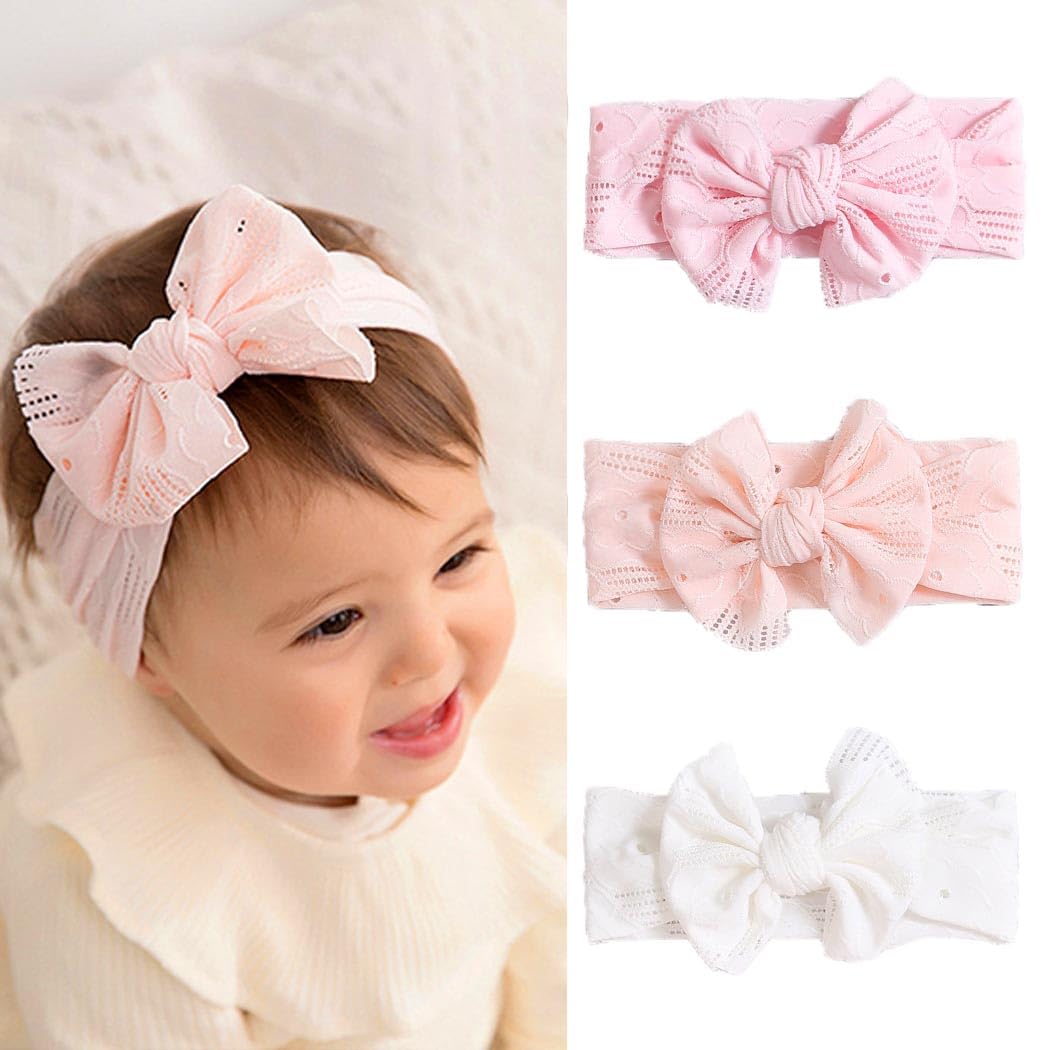 Fashband Baby Girl Nylon Headbands Bowknot Elastic Hair Bands Soft Cute Headwear for Kids Infants Toddlers(Pack of 3) (Pink)