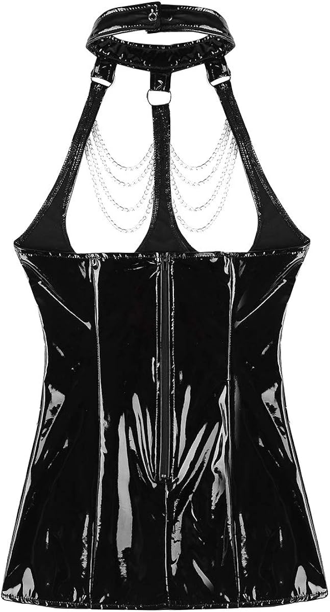 TiaoBug Women's One Piece Faux Leather Halter Bodycon Tassels Clubwear Wet Look Mini Dress: Clothing