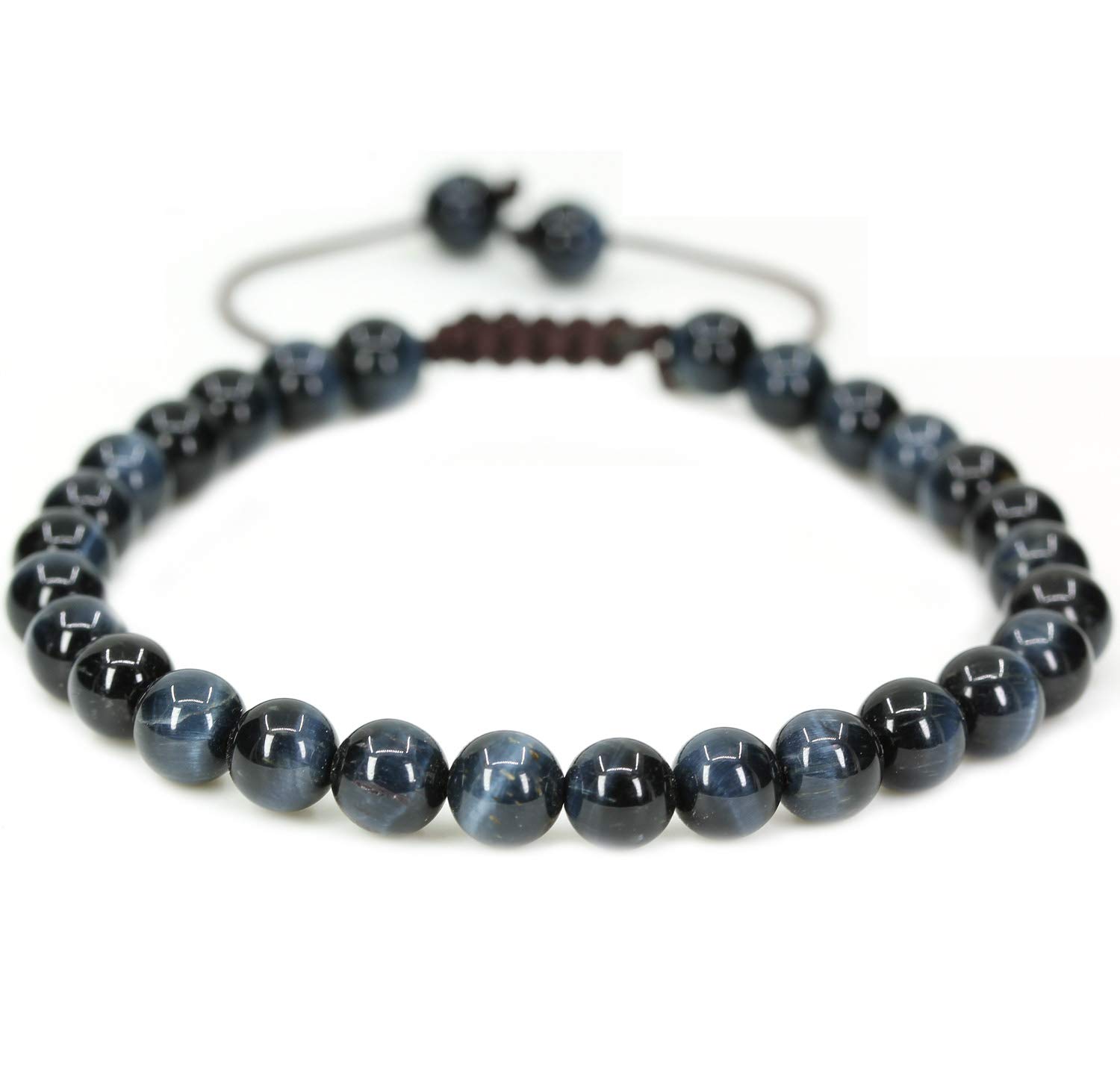 CHENYUE Natural Blue Tiger Eye Gemstone 6mm Round Beads Adjustable Bracelet 7" Unisex
