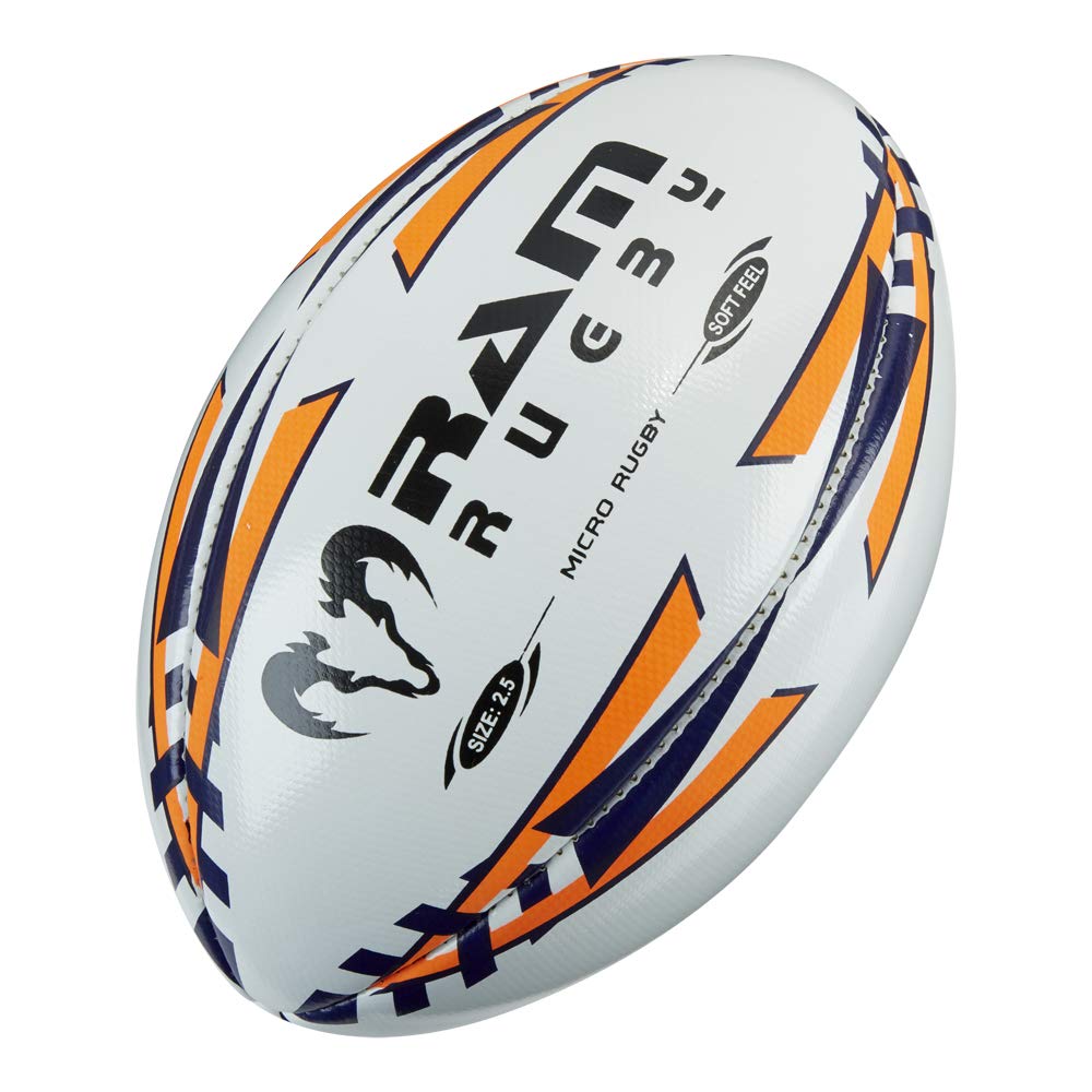 Ram Rugby Ball | Micro Softfeel Rugby Ball | Size 2.5 | Perfect Starter Ball | Suitable For Children Ages 4-6 but fun for all ages | Colour: Navy/Neon Orange