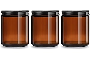 8oz Amber Glass Jars with Lids, 3 Pack Candle Jars with Blank Labels, 250g Wide Mouth | Lotion Container for Sample, Cream, L