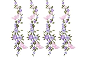 HOBBIESAY 4 Pcs Long Floral Iron on Patches Flower Embroidered Patches Applique Repair Patch for Clothes Dresses Bag Pants Hats DIY Craft Decorative