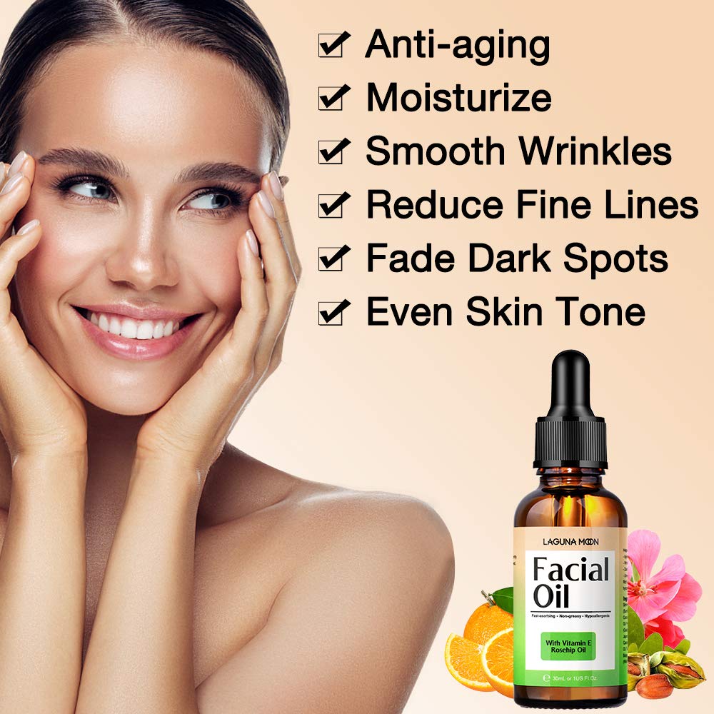 Lagunamoon Facial Oil for Women Anti-Aging & Moisturizing, Natural Face Oil with Rosehip Oil & Jojoba Oil Blends, Vitamins and Cocoa Butter for Dry Sensitive Skin, Vegan, 30ml/1 oz: Beauty