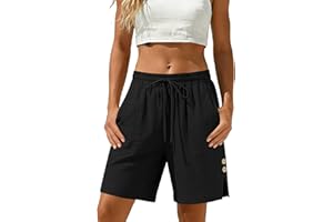Women Cotton Linen Bermuda Shorts Summer Long Drawstring High Waist Shorts Pocket Split Lounge Beach Vacation Clothes