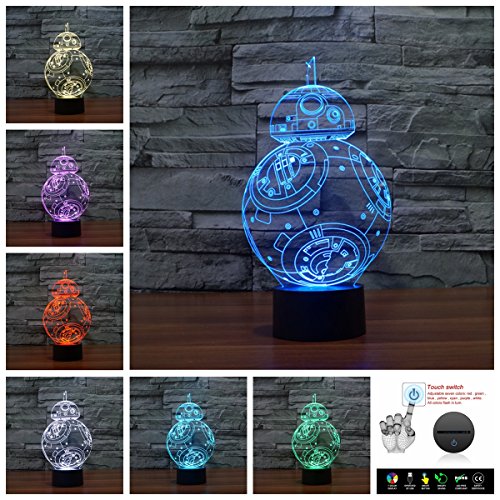 Efanr 3D Night Light, Optical Illusion Table Desk Lamp 7 Colors Changing LED Nightlight for Bedroom Children Room Home Decoration Kids Christmas Toy Gift [Acrylic Flat & ABS Base] (BB-8)