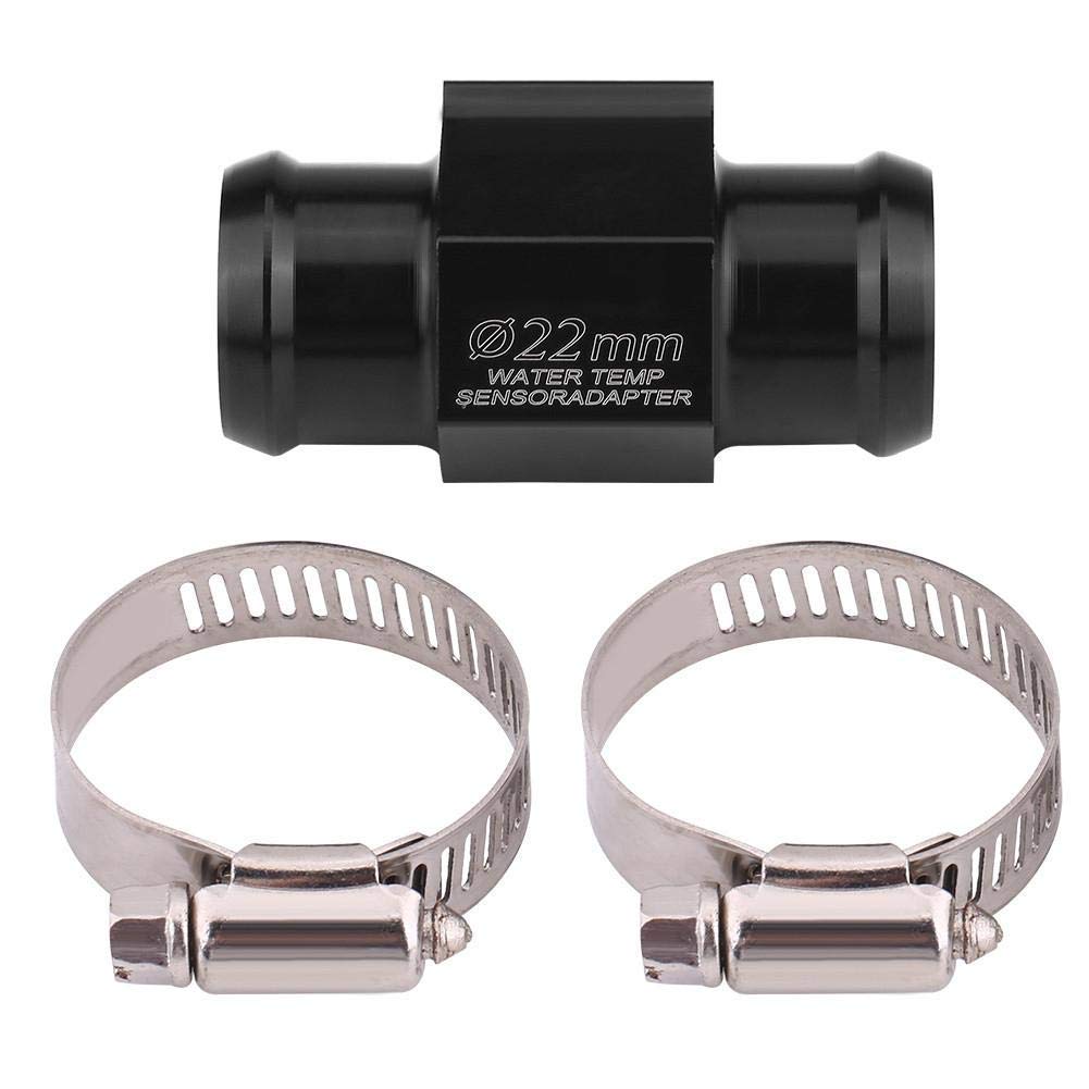 Motorcycle Water Temperature Sensor Adapter, 22mm, Aluminum Alloy, Black, CNC Anodized, Universal Coolant Temp Gauge Joint Pipe with 2 Clamps