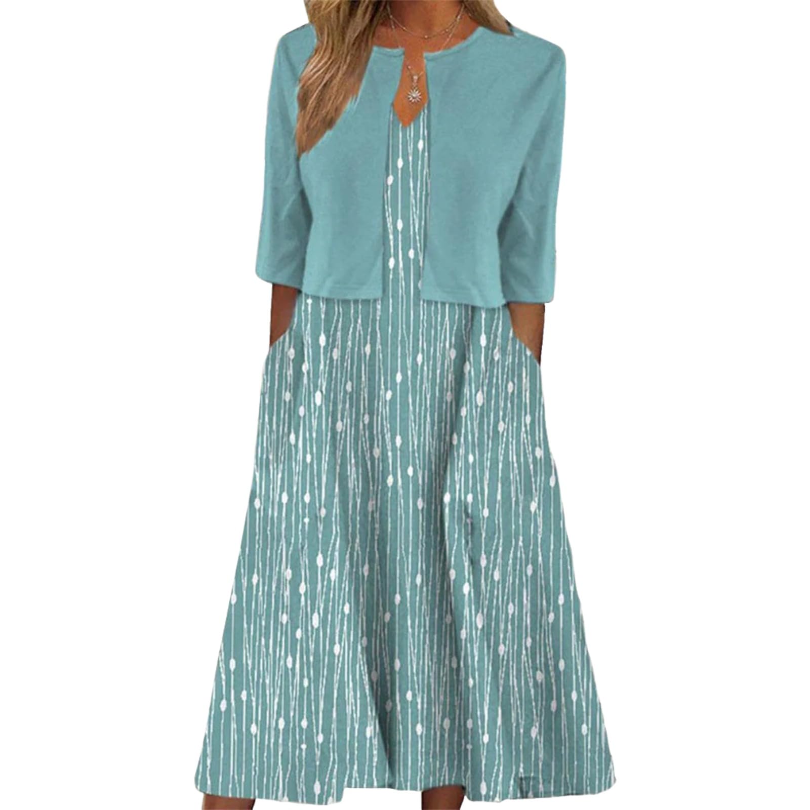 Photo 1 of (medium) XNC Womens 2 Piece Set Fashion Fresh Plant Print Midi Dress V-Neck Half Sleeve with Jacket A-line Dresses Lounge Outfits