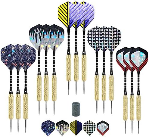 Darts - 15 Pack Steel Tip Darts 18 grams with aluminum shafts and brass barrels include 5 extra dart flights and dart sharpener by VOPEX (Pattern B)