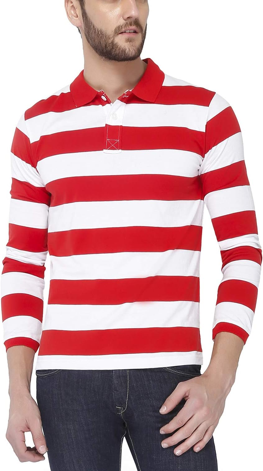 The Cotton Company Men's Cotton Bretton Stripe Full Sleeve Polo T Shirt - Red & White