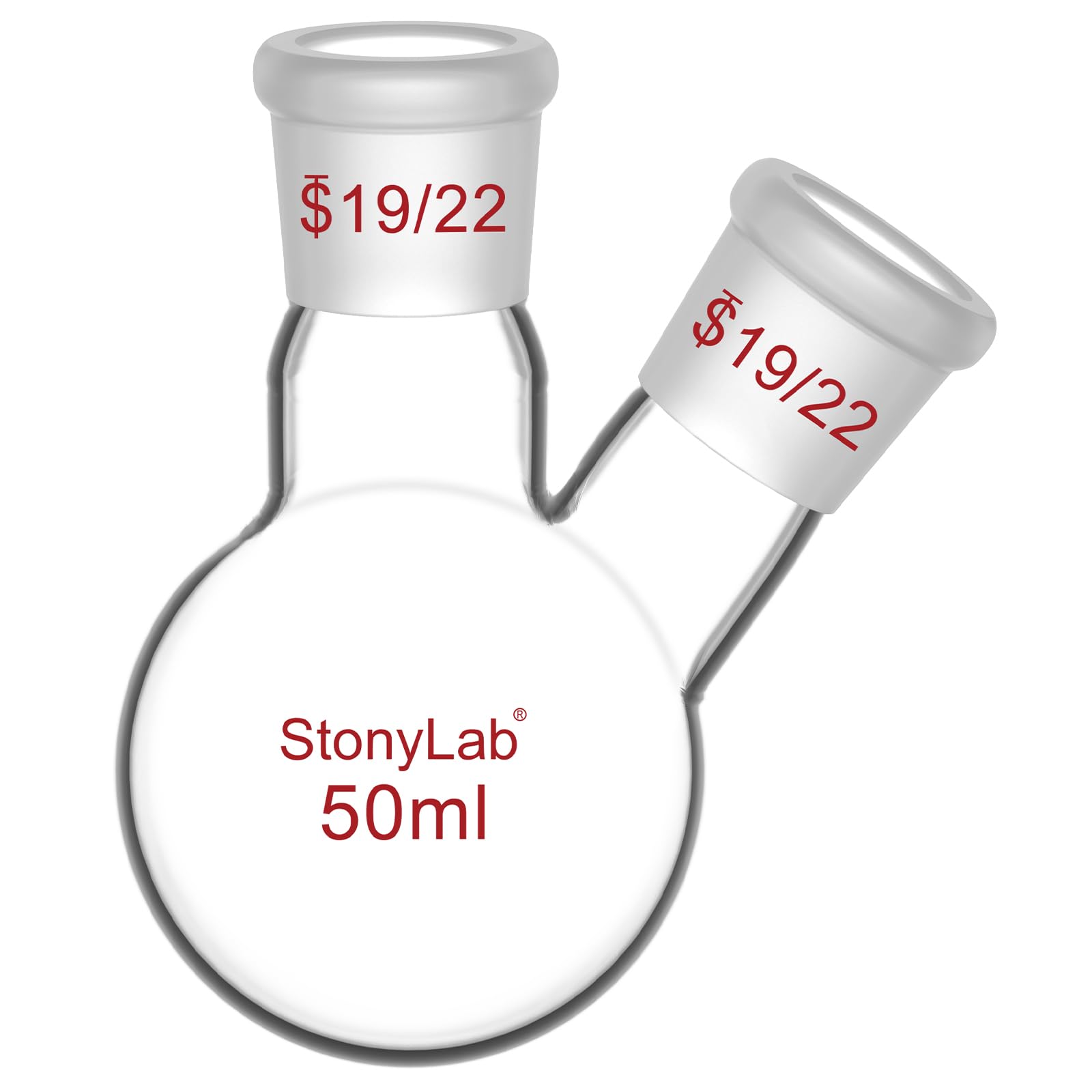 StonyLab Glass 50ml Heavy Wall 2 Neck Round Bottom Flask RBF, with 19/22 Center and Side Standard Taper Outer Joint, 50ml
