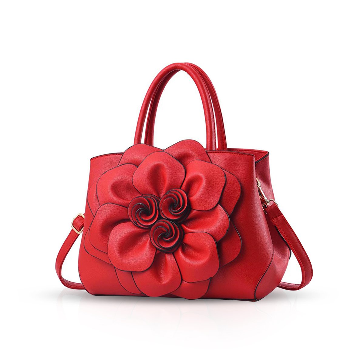 NICOLE & DORIS Stylish Handbags for Women Flower Top Handle Handbags Designer Shoulder Bag PU Leather Crossbody Bag Pretty Bag Red