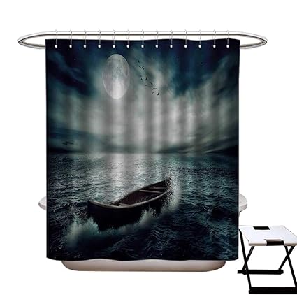 Bath Night Shower Curtain Dramatic Sky Moon Ocean Print For