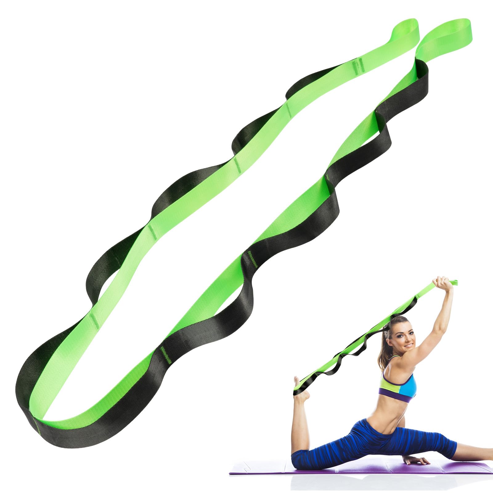flintronic Yoga Stretching Strap, Stretcher Yoga Belt with 12 Loops, Exercise Yoga Belt for Pilates, Dance, and Gymnastics, and Leg Stretch Band to Improve Flexibility (Green)