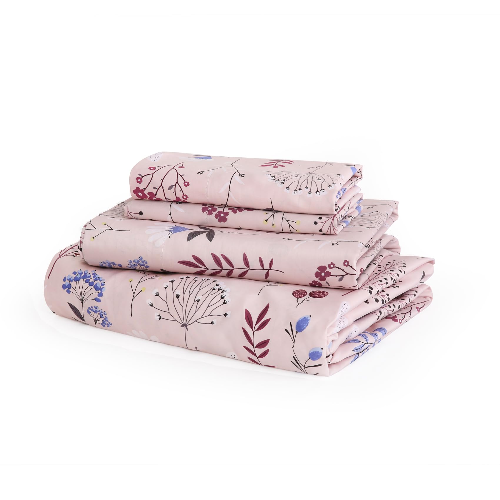 Photo 1 of JSD 100% Cotton Pink Floral Sheet Set Full, 300 Thread Count Printed Sateen Sheets, Soft Breathable Cooling Bed Sheets Deep Pocket