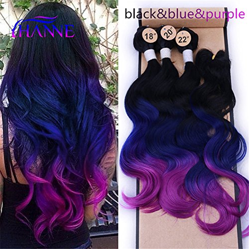 HANNE Ombre Color Hair Synthetic Body Wave Hair 18"20"22" with Closure Heat Resistant Fiber Hair Colorful Synthetic Hair Extensions (Black&Blue&Purple)