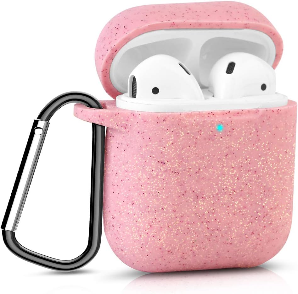 Bqmte Silicone Case Compatible for AirPods 2, [Front LED Visible] Glittery Wireless Charging Case Cover with Carabiner for AirPods 2 (2019) (Peach Pink)