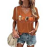Fall V Neck T Shirt Funny Halloween Thanksgiving Graphic Tee Casual Family Halloween Costume Tops
