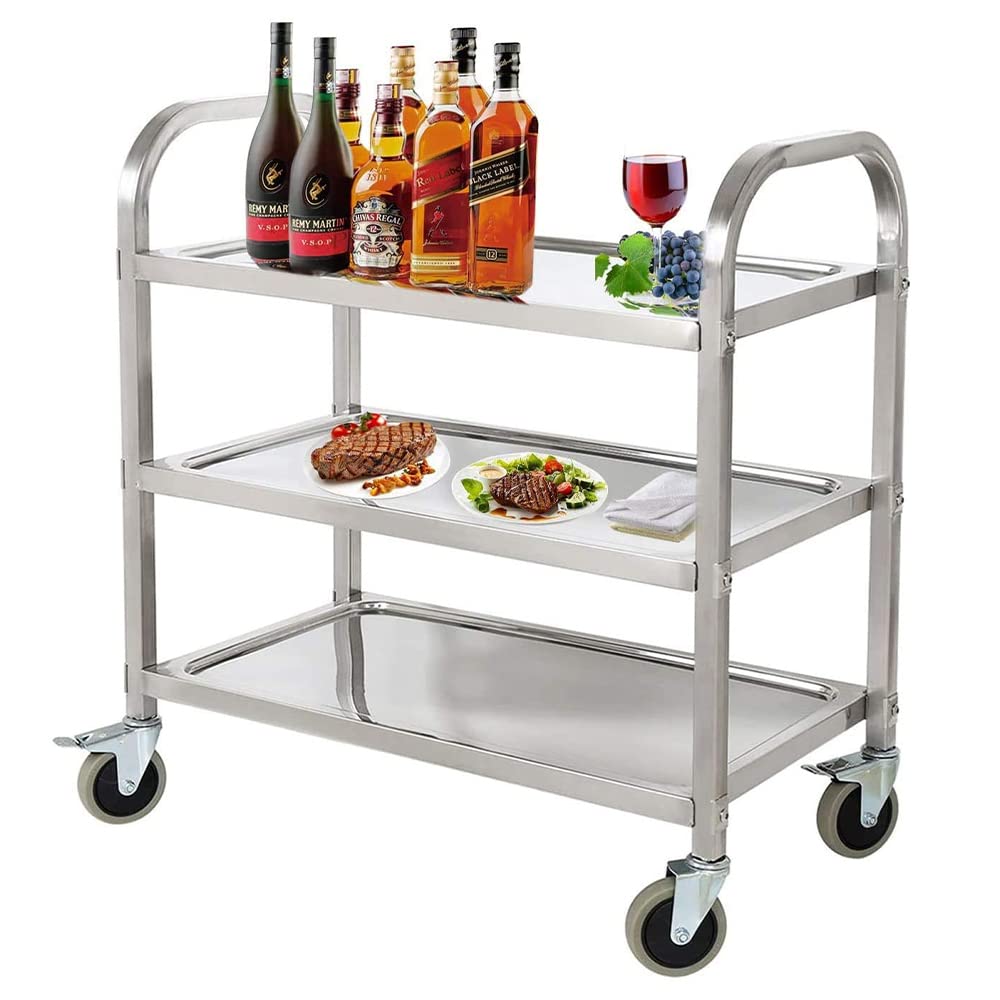Nisorpa 3 Tier Stainless Steel Catering Trolley Wheels Utility Cart Kitchen Cart Serving Trolley with Locking Wheels for Kitchen Hotels-950 x 500 x 950MM