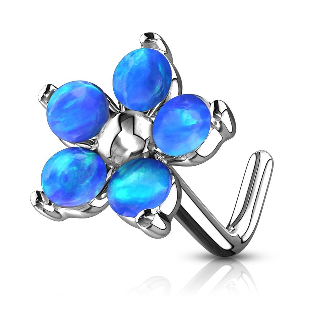 PiercedOff 316L Surgical Steel L Bend Nose Stud Flower with 5 Blue Synthetic Opal Petals - Thickness 20GA (0.8mm) / Length 6mm / Flower Size 6mm