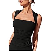 SOLY HUX Women's Summer Tank Top Square Neck Sleeveless Ruched Slim Fitted Going Out Tops
