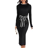 MEROKEETY Women's 2026 Long Sleeve Midi Sweater Dress Fall Winter Spring Mock Neck Contrast Tie Waist Bodycon Knit Dresses