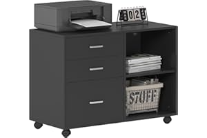 soges 3 Drawer Mobile Lateral File Cabinet, Office Filing Cabinet, Rolling Office Storage Cabinet, with Open Storage Shelves,