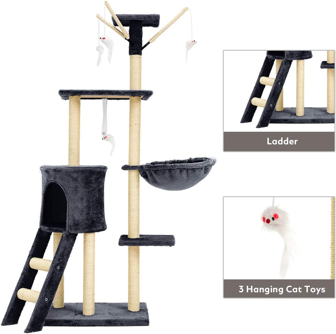 Mellcom Cat Tree Condo with Scratching Posts Perches, Cat Basket Lounger and Ladder, 56" Multi-Level Deluxe Cat Tower Kitten Play House (Grey) : Pet Supplies