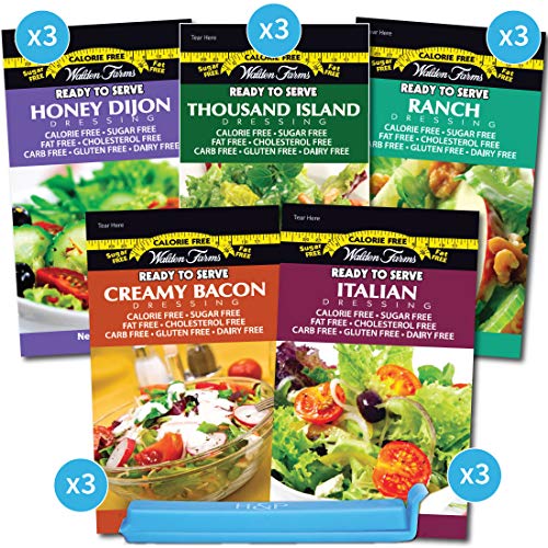 Walden Farms Salad Dressing Packets - 15 Sampler Pack in Ready to Serve Calorie Free Flavors, 15 - 1 oz Pouches of Honey Dijon, Thousand Island, Ranch, Italian and Creamy Bacon with H&P Bag Clip