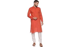PAROKSH Men's Cotton Kurta Indian Kurta Classic Mandarin Collar Full Sleeves Side Split Ethnic Wear for Wedding