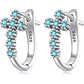 BABAMIA 925 Sterling Silver Cross Hoop Earrings for Women, Dainty Huggie Hoops, Minimalist Religious Cross Turquoise western earrings Hypoallergenic Silver Earrings