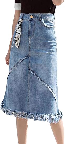 Amazon Bestmoodデニムスカート レディース スリム 韓国 Aライン フリンジ付き ファッション タイトスカートおしゃれ シンプル スカート カジュアル ハイウェスト 着痩せ 春 夏 スカート 通販