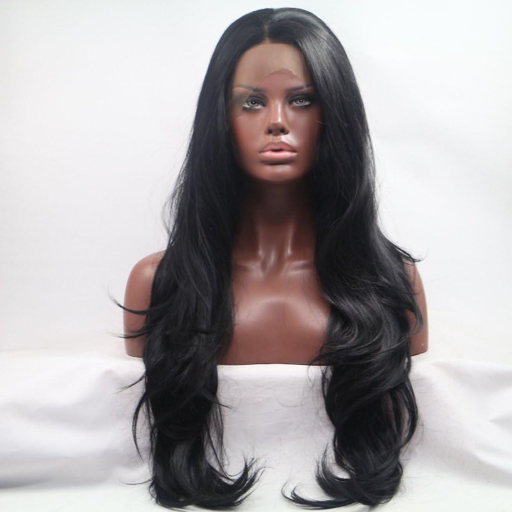 Xiweiya Black Lace Front Wig Black Natural Wavy Synthetic Lace Front Wig Heat Resistant Fiber Hair Natural Hairline Glueless Soft Wig