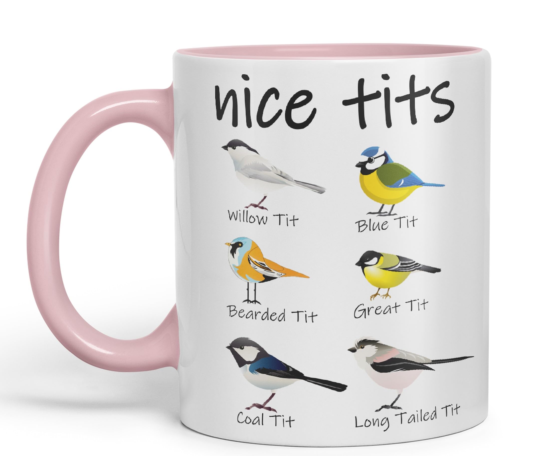 Vixar Nice Tits,Willow tit, Blue tit, Bearded tit, Great tit, Coal tit, Long Tailed tit, Sarcastic Joke Ceramic Coloured Mug Cup for Tea Coffee Hot Brew 330ml 11 OZ (Pink)