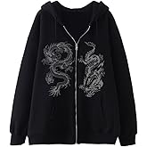 Aobiono Women Men Y2K Zip Up Oversized Hoodie Gothic Dragon Graphic Emo Grunge Alt Baggy Fleece Jacket 90s Punk Streetwear
