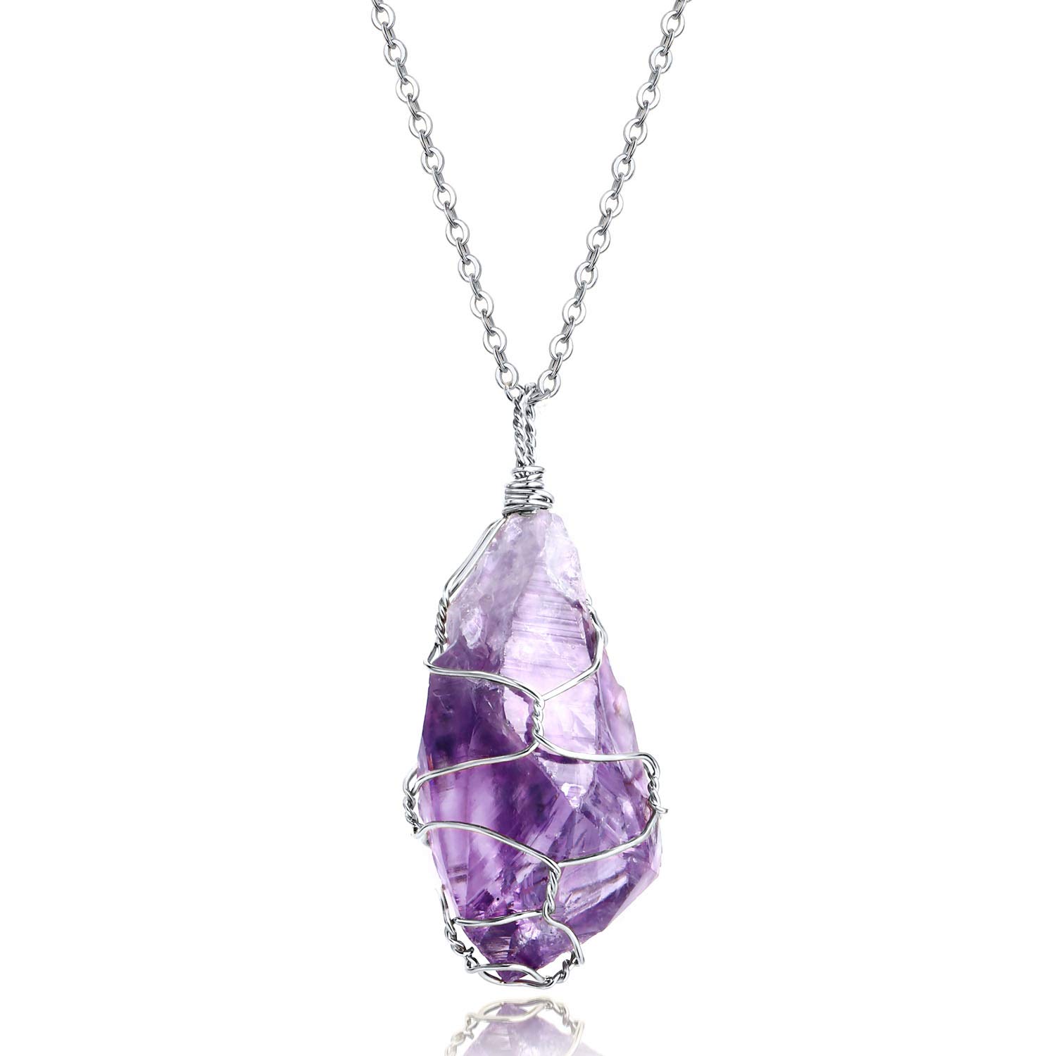 KISSPAT Wire Wrapped Crystal Necklace | Natural Unpolished Raw Purple Amethyst Quartz Stone Necklace for Women | 30'' Long Pendant Necklace